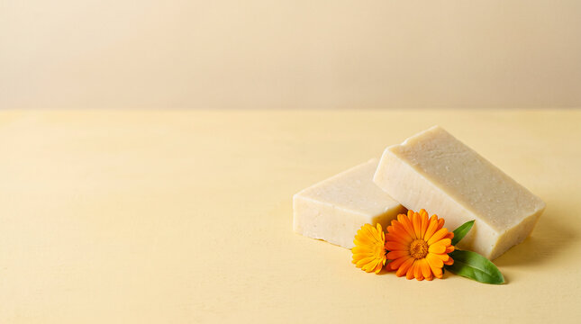 Natural Soap Bars with Calendula Flowers on Cream Background
