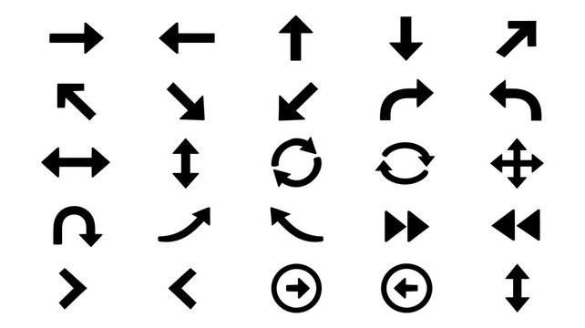 Minimalist black arrow icons set, vector navigation symbols and directional pointers for UI design, web interfaces, and mobile app development