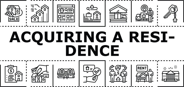 Acquiring a residence banner infographic. Title loan, inspection home, buying listing icon vector illustration