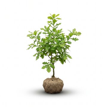 Young oak tree sapling with root ball wrapped in burlap, green leaf seedling isolated on white background, nursery oak plant ready for planting
