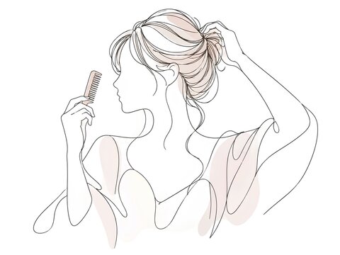 ヘアセットしている女性の一筆書きイラスト