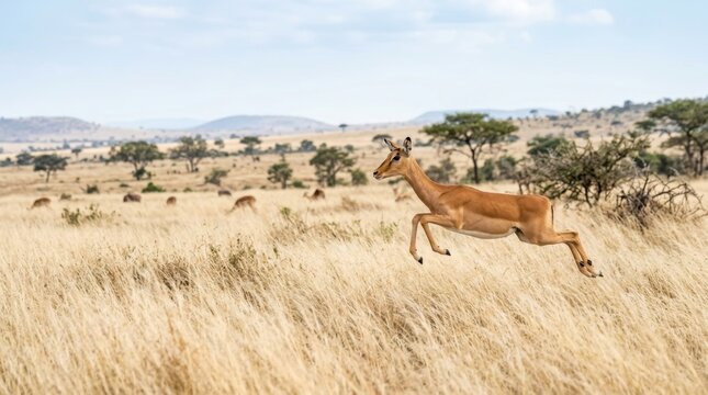 A graceful impala leaps through the golden tall grass of the vast African savanna landscape