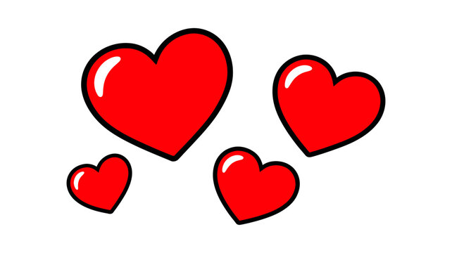 Cute red heart illustrations, glossy cartoon love symbols, romantic graphic design elements for Valentine cards and romance projects