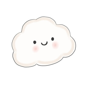 Cute digital illustration of a happy smiling white cloud character with rosy cheeks 