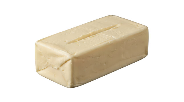 A single rectangular block of pale yellow butter sealed inside glossy paper packaging, positioned horizontally in an isometric perspective against a plain white background for minimalist food