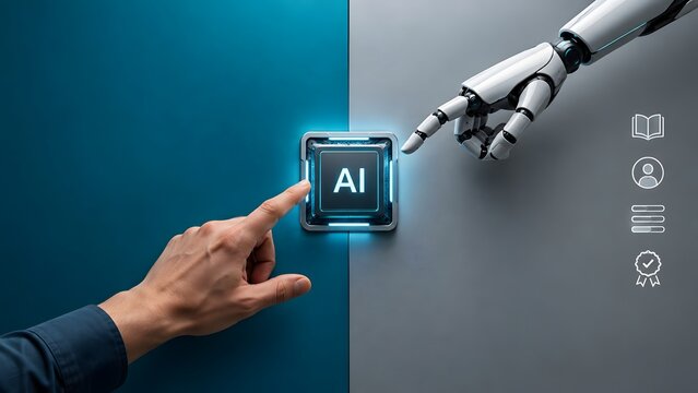 Human finger and robotic mechanical hand pressing artificial intelligence activation button on modern split background