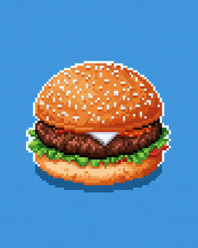 Detailed burger illustration with sesame bun on blue background