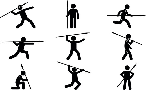 Flat silhouette vector illustration of stick figure warriors holding spears in different combat positions