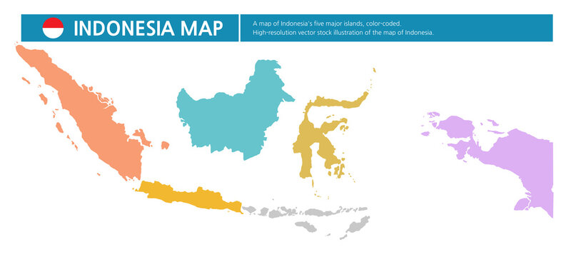 Indonesia map_3-1. A PNG map of Indonesia's five major islands, color-coded. High-resolution PNG map illustration of Indonesia.