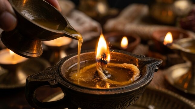 Close up of oil being poured into a burning traditional lamp with flames with poured small metal