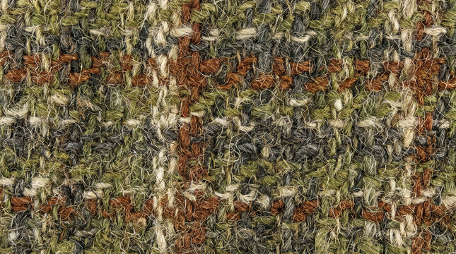 Close up of green and brown tweed fabric texture with classic plaid pattern for fashion background