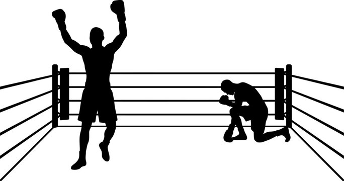 Boxer celebrating victory in a ring with opponent defeated. sport concept illustration
