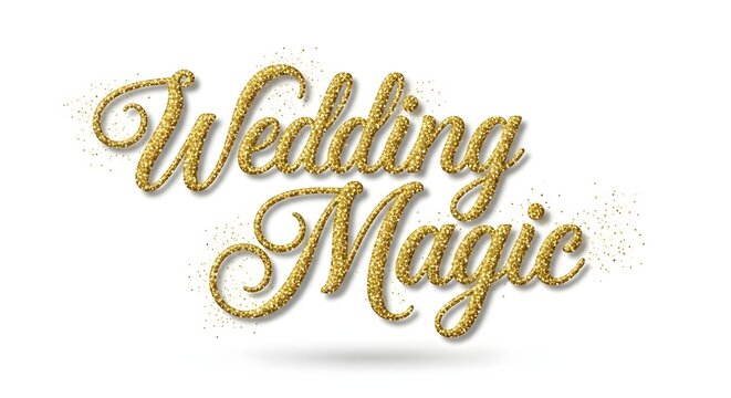 Decorative lettering featuring the phrase wedding magic written in a sparkling gold glitter script font style.