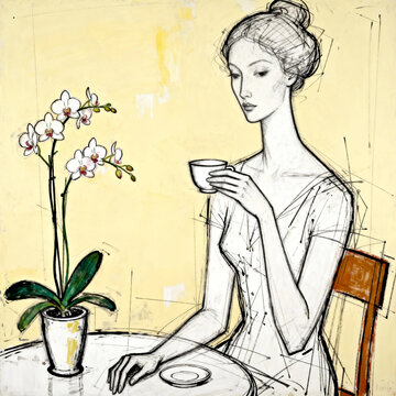 Sketch Painting of Elegant Woman with Orchid and Teacup