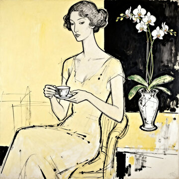 Sketch Painting of Elegant Woman with Orchid and Teacup
