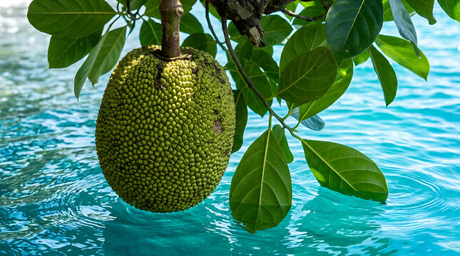 Fresh green jackfruit hanging on tree branch, tropical jackfruit growing near blue water, raw exotic fruit close up