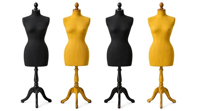 Black and yellow four vintage fabric dress form mannequins  on white background