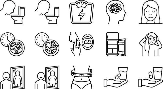 Minimalist outline vector illustration of eating disorder symptoms psychological conditions and weight obsession icons