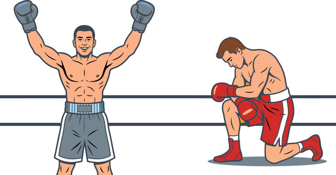 Boxer celebrating victory over a defeated opponent in a boxing ring. sport concept illustration