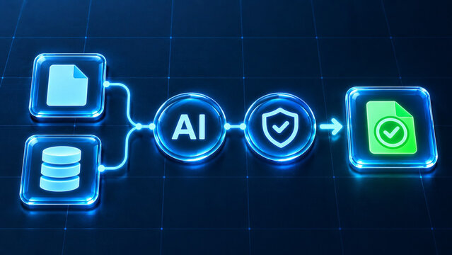Artificial intelligence secure data validation concept with ai shield verifying database information into approved green document file