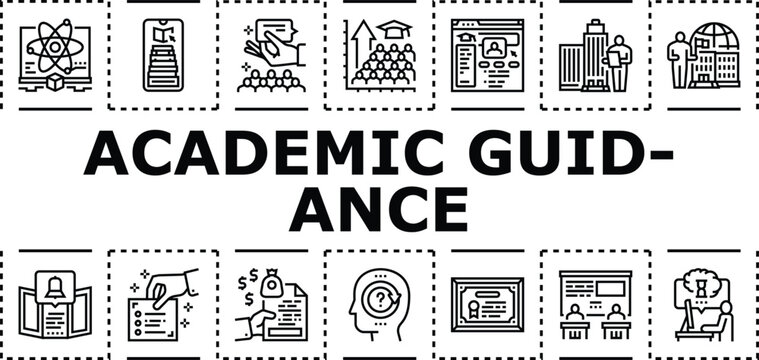Academic guidance banner infographic. Coaching mentoring, learning instruction, supervision planning icon vector illustration
