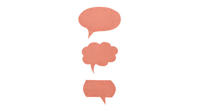 Minimalist paper speech bubbles, pink textured chat icons, set of three communication symbols for messaging isolated on Transparent Background
