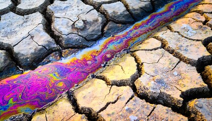 Fototapeta premium Vibrant iridescent oil spill chemical pollution flowing through dry cracked soil ground background representing environmental damage and drought.