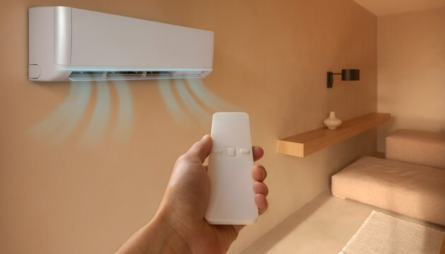 Close up hand holding wireless remote control pointing at wall mounted air conditioner blowing cold air stream in modern bedroom.