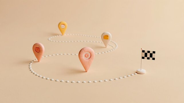 Clay map pins on a winding path toward a finish flag
