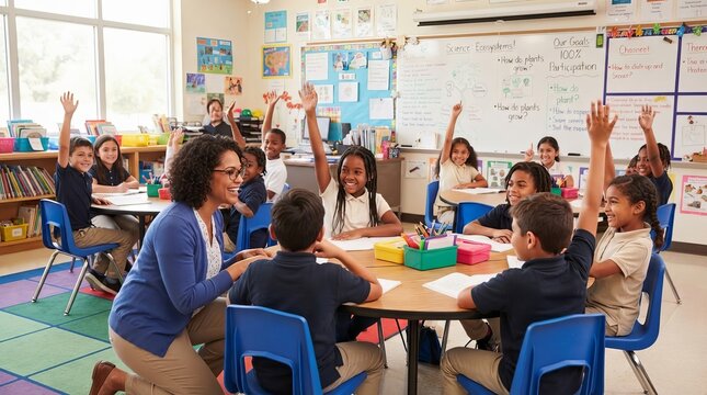 Diverse Group Of Students And Female Caucasian Teacher In A Classroom Elementary Education Learning