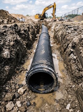 Large drainage pipe laid in excavated trench at construction site. Excavator and earthworks for underground utility installation. Civil engineering, infrastructure and drainage works.