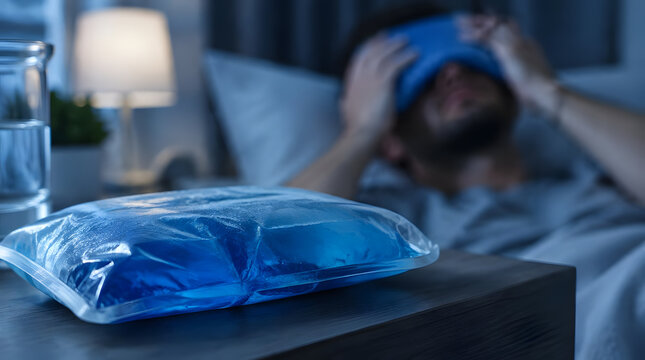 Blue gel cold pack on a bedside table for headache relief.