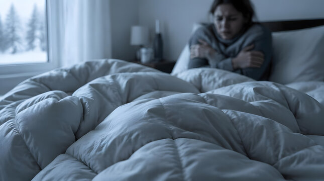A young woman shivering from cold while sitting in bed during winter morning.