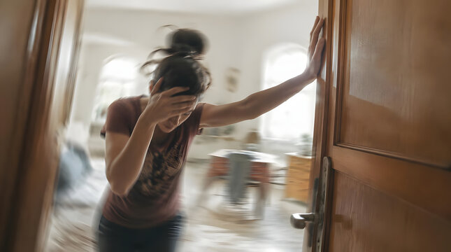Woman feeling dizzy and lightheaded leaning against a doorway at home.