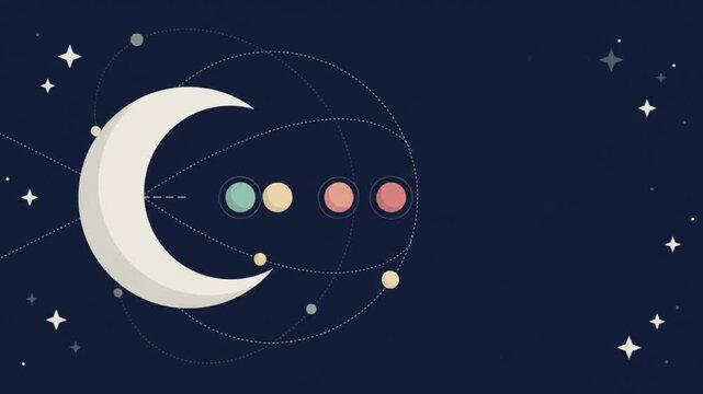 Crescent Moon and Planets with Orbital Lines in Night Sky