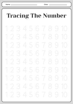 Educational math worksheet for children to practice writing, counting, and tracing numbers from 1 to 10. Printable numeral recognition and handwriting practice activity page with guideline rules desig
