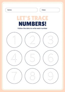 Educational math worksheet for children to practice writing, counting, and tracing numbers from 1 to 10. Printable numeral recognition and handwriting practice activity page with guideline rules desig