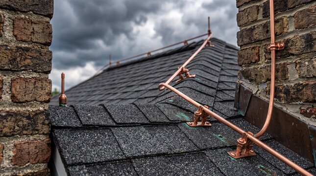 Copper lightning rod system installed on asphalt shingle roof under dramatic overcast sky