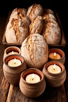 Rustic bread rolls with lit candles on a wooden surface