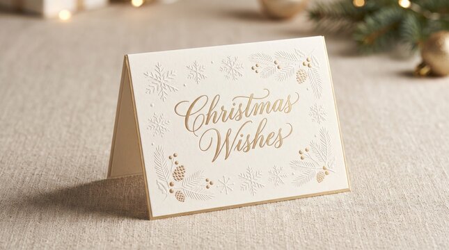 Elegant christmas greeting card with gold foil lettering and embossed snowflake and pine branch design on textured paper