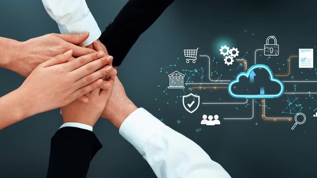 Hands Together Representing Collaboration and Cloud Technology with Digital Symbols of Security, Shopping, Management, and Analysis. Entropy.