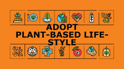 Fototapeta premium Adopt plant-based lifestyle banner infographic. Fruits balance, ethics tofu, sustainability health icon vector illustration