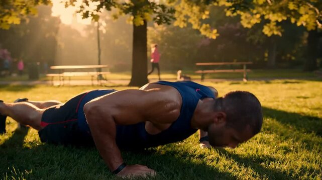 Athletic man doing push ups in park grass, golden hour outdoor workout footage, male fitness exercise training in warm sunlight