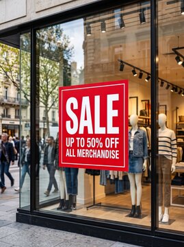 Clothing store window displaying a red sale sign beside mannequins on a shopping street. Discount shopping, retail promotion and consumer savings. Fashion storefront.