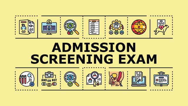 Admission screening exam banner infographic. Qualification aptitude, candidate eligibility, proctor selection icon vector illustration