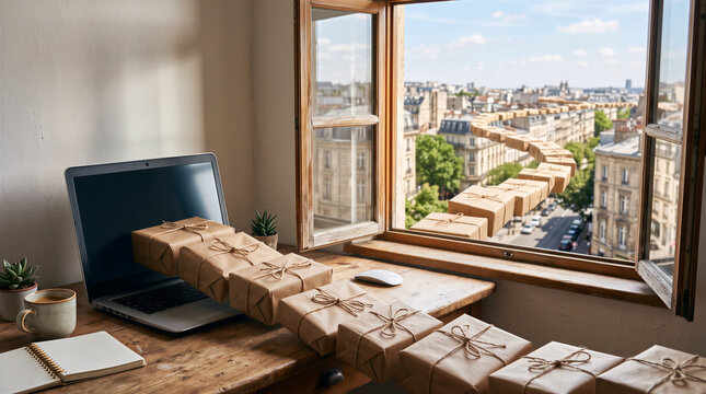 Online work and parcels emerging from laptop screen