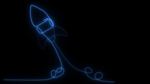 Continuous single line drawing animation of a rocket ship flying into space with a glowing blue neon light effect against a dark black background