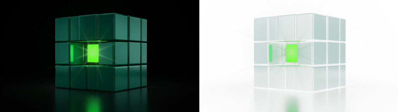 Abstract 3d render of a metallic cube with a glowing green core, featuring a split design with dark and light variations side by side isolated on transparent background