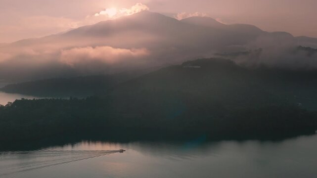 Aerial drone footage over the sun moon lake at morning in Taiwan