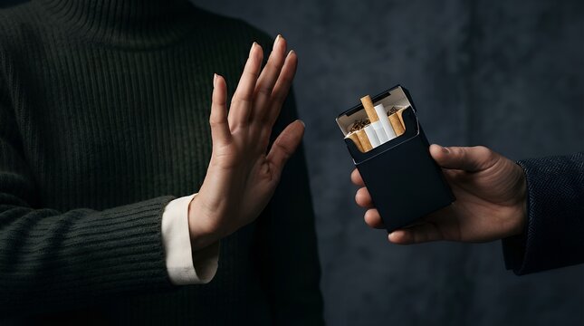 Stop hand gesture refusing cigarette pack, quitting smoking concept, healthy lifestyle choice and anti-smoking campaign